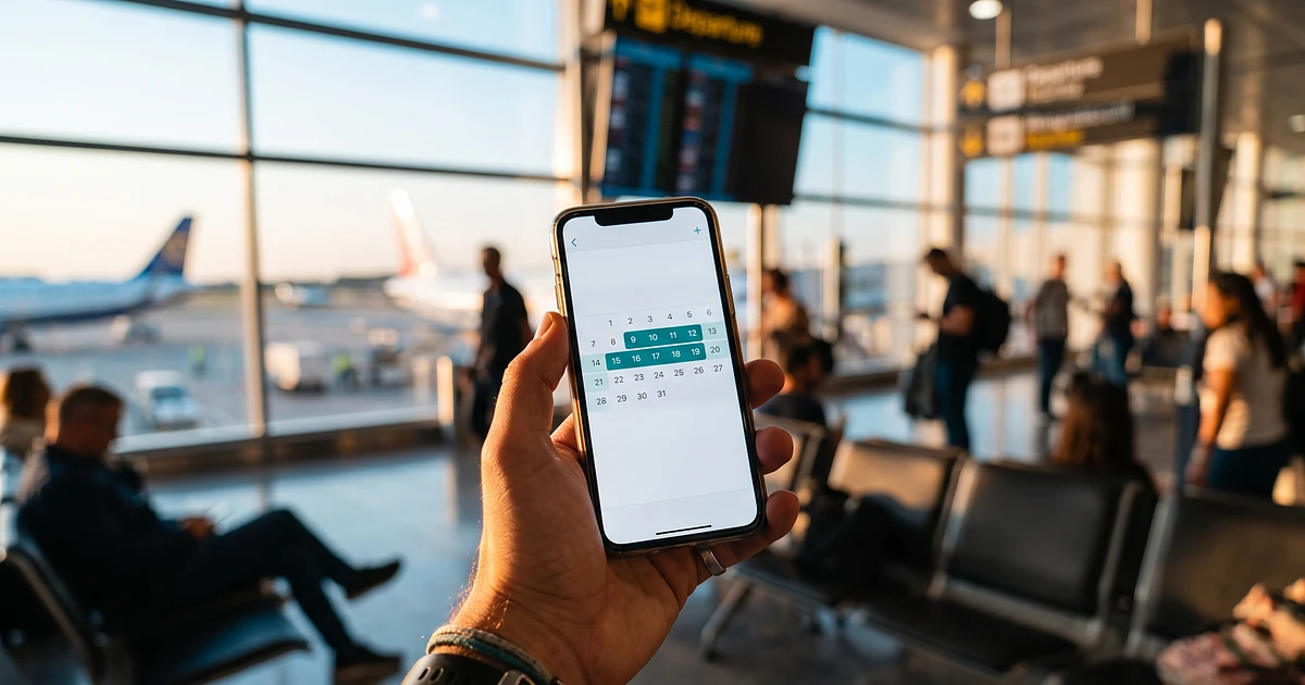 Traveller checking a calendar app on a smartphone in an airport terminal with flight information boards in the background