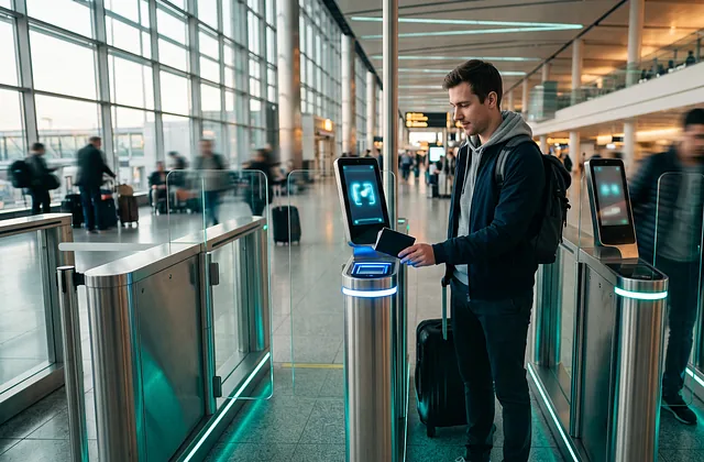 Traveller scanning a passport at an automated biometric airport e-gate