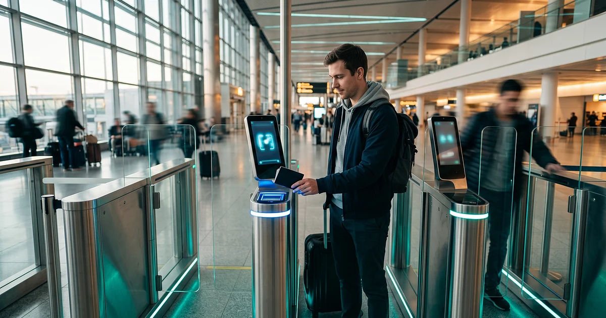 Traveller scanning a passport at a modern automated biometric airport e-gate