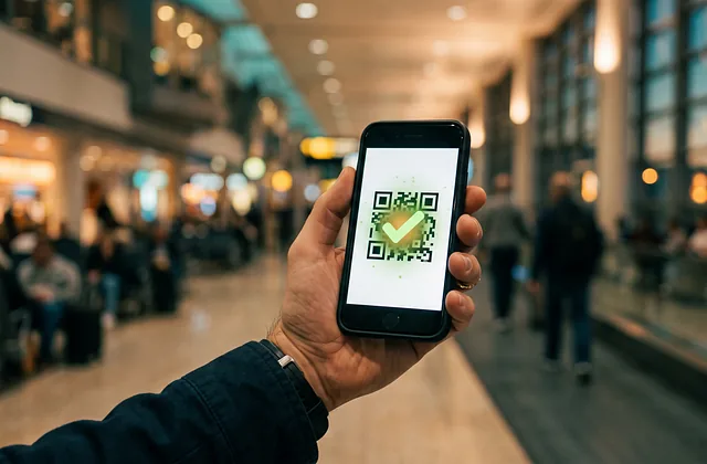 Smartphone displaying a QR code with a checkmark in an airport terminal