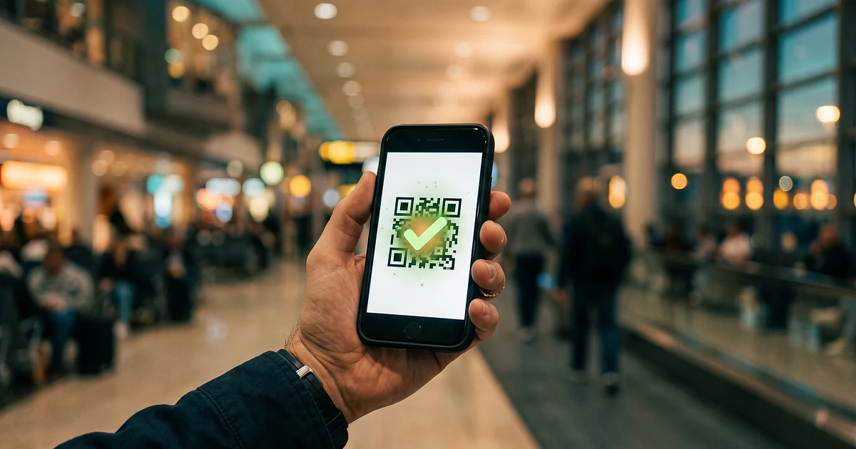 Traveller holding a smartphone displaying a QR code with a checkmark in an airport terminal