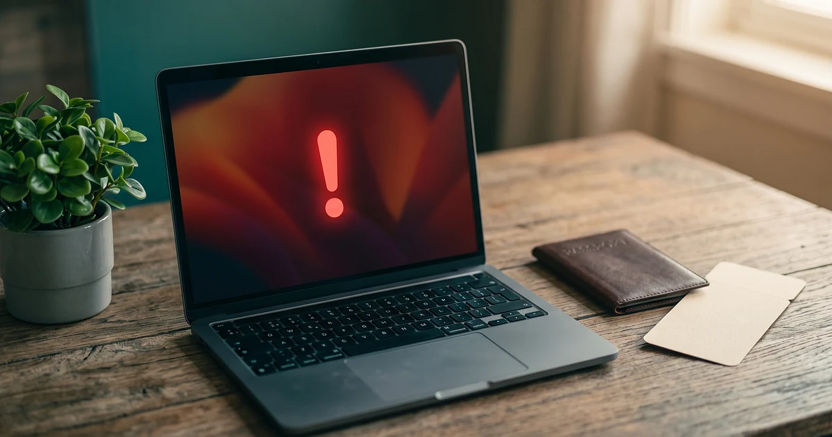 Laptop on a desk displaying a glowing red warning icon next to a passport, representing a fee-scam warning