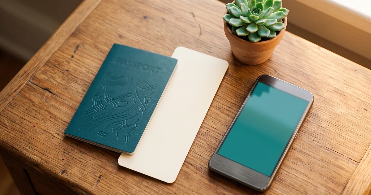 Flat lay of a passport, blank boarding pass, and smartphone on a wooden desk, representing travel document preparation