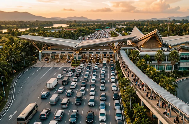 Aerial view of a busy land border checkpoint with queued traffic