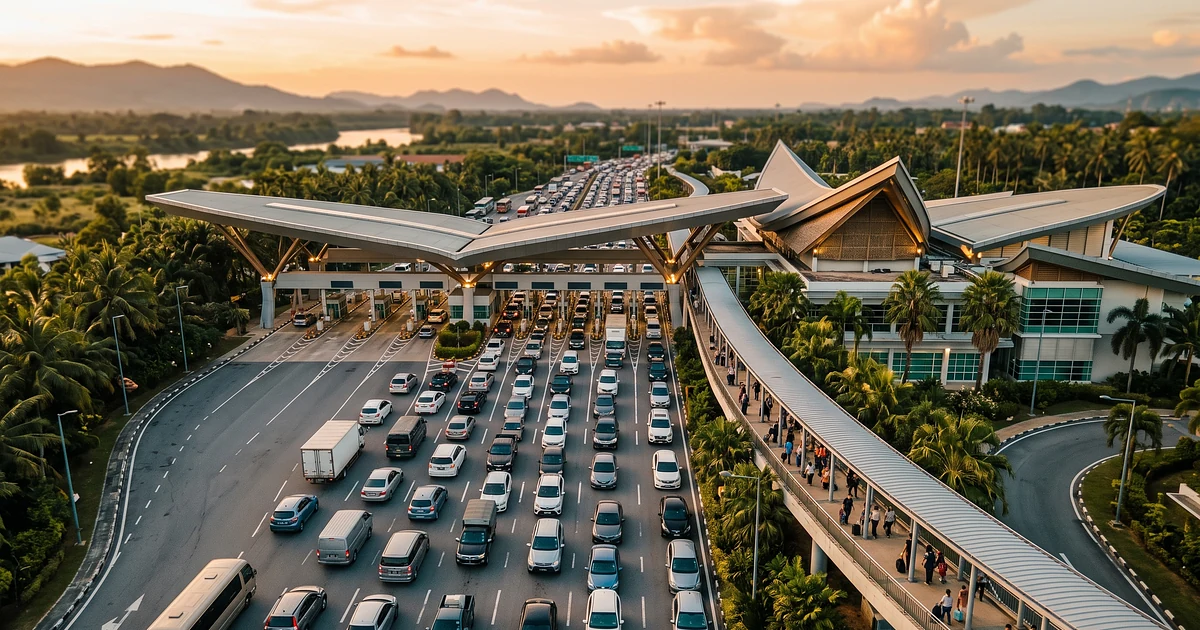 Aerial view of a busy multi-lane land border checkpoint with queued traffic and a pedestrian walkway at sunset