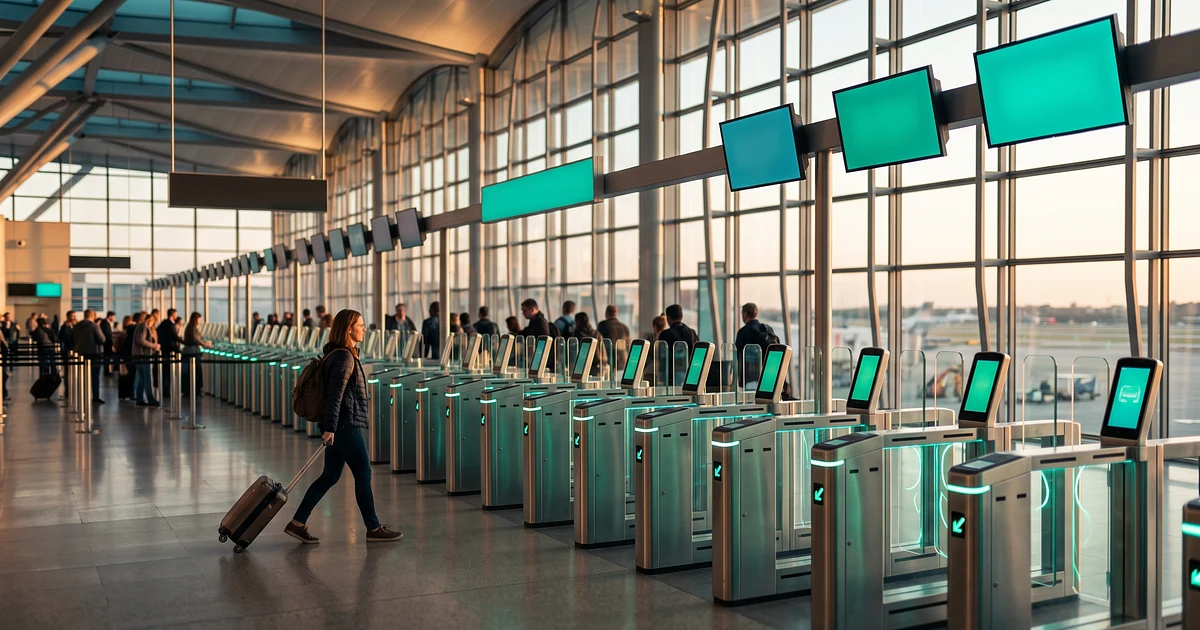 Traveller with a suitcase walking toward automated immigration e-gates in a modern airport terminal