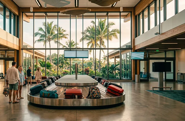 Bright airport arrivals hall with palm trees visible through the windows