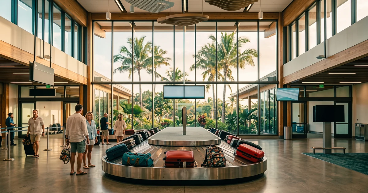 Bright airport arrivals hall with palm trees visible through floor-to-ceiling windows and a baggage carousel