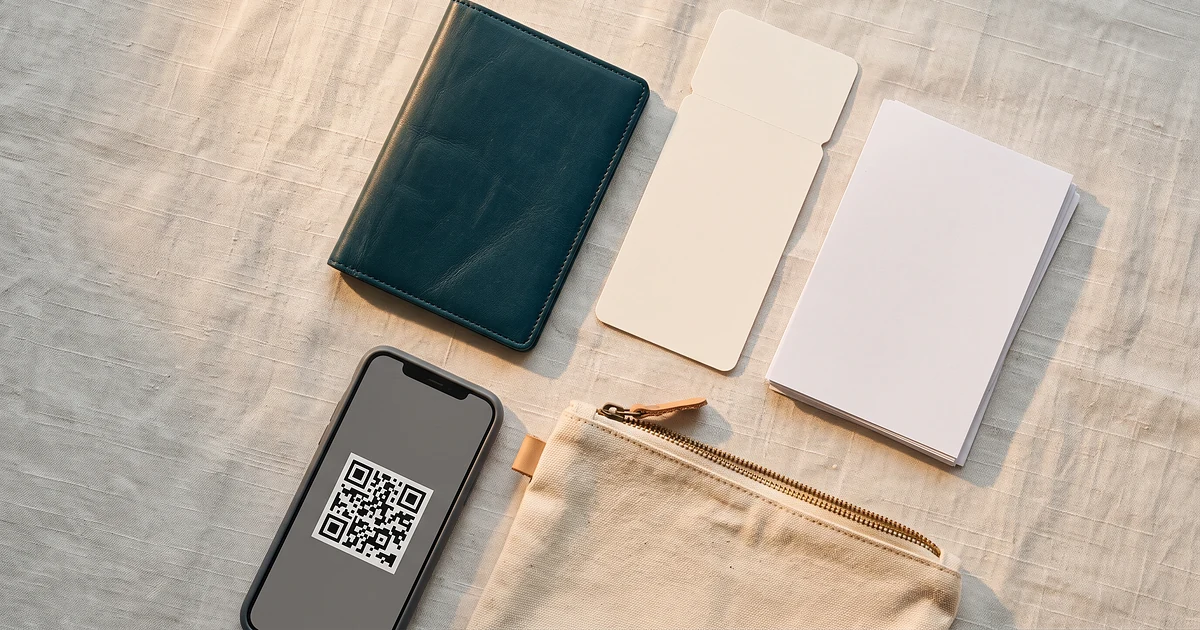 Flat lay of travel documents including a passport, boarding pass, and a phone showing a QR code