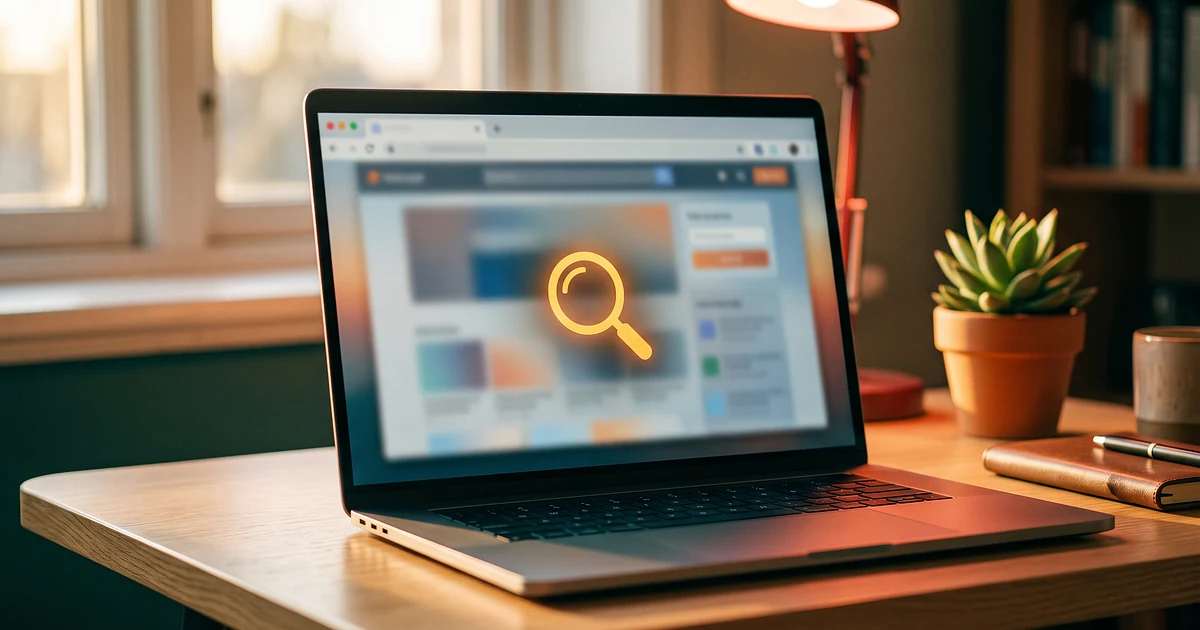 Laptop displaying a glowing search bar and magnifying glass icon, representing verifying a website before entering details