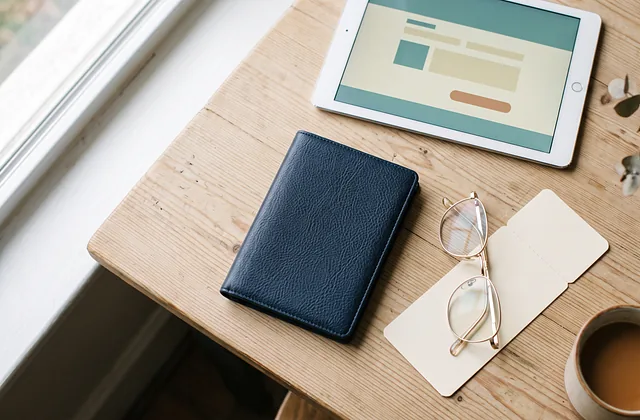 Flat lay of a passport, glasses, and a tablet showing a form interface
