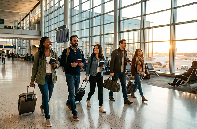 Group of international travellers walking through a bright airport terminal