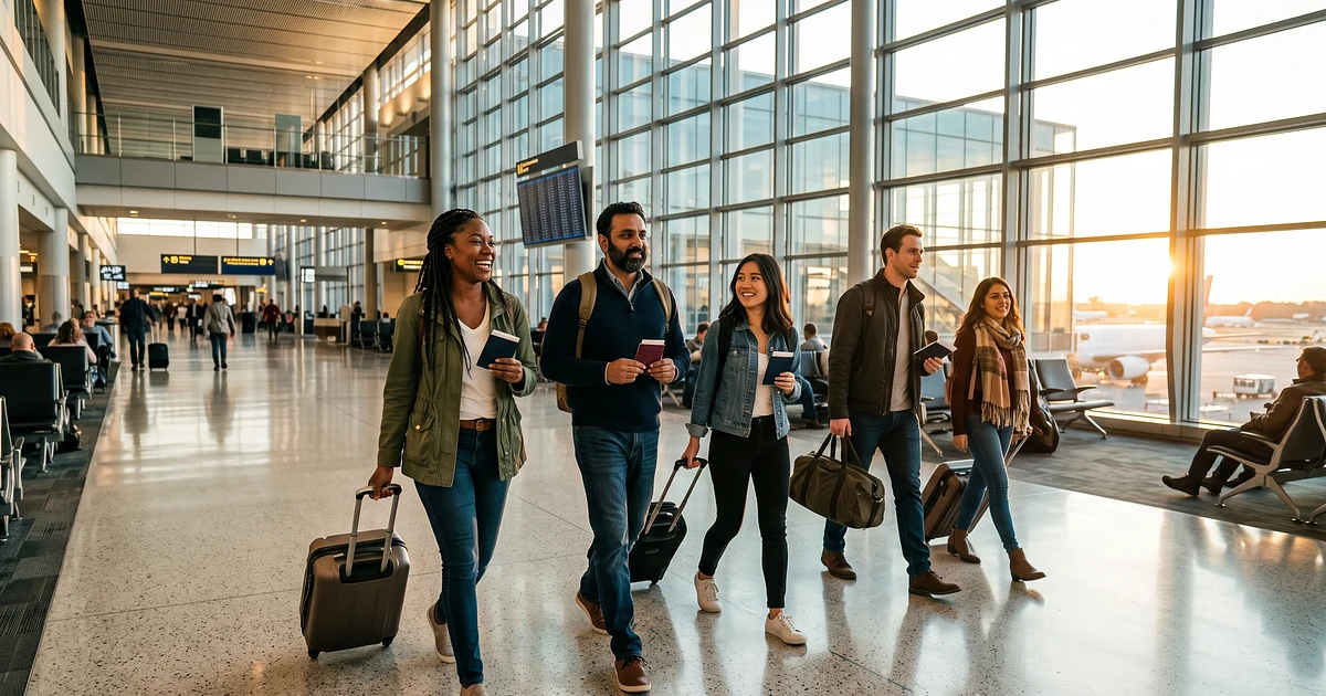 Group of international travellers walking through a bright modern airport terminal with luggage